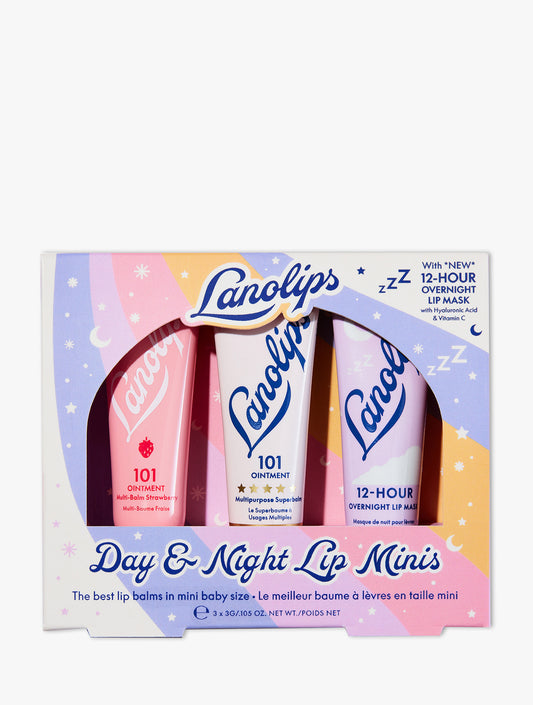 Product shot of the Lanolips Day & Night Lip Minis packaging on a white background. The set contains three 3g minis of the 101 Strawberry, Original 101 Ointment and the 12 Hour Overnight Lip Mask. 

