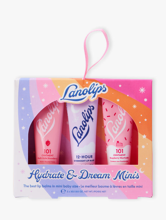 Product shot of the Lanolips Hydrate & Dream Minis set on a white background. The set contains 3 g minis of the 101 Strawberry, 101 Raspberry Shortcake and the 12 Hour Overnight Lip Mask. 
