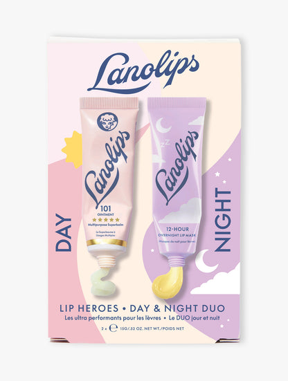 Product shot of the Lanolips Lip Heroes Day & Night Duo on a beige background. The duo contains our best selling The Original 101 Ointment and the 12 Hour Overnight Lip Mask.
