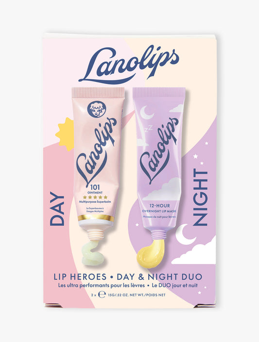 Product shot of the Lanolips Lip Heroes Day & Night Duo on a beige background. The duo contains our best selling The Original 101 Ointment and the 12 Hour Overnight Lip Mask.
