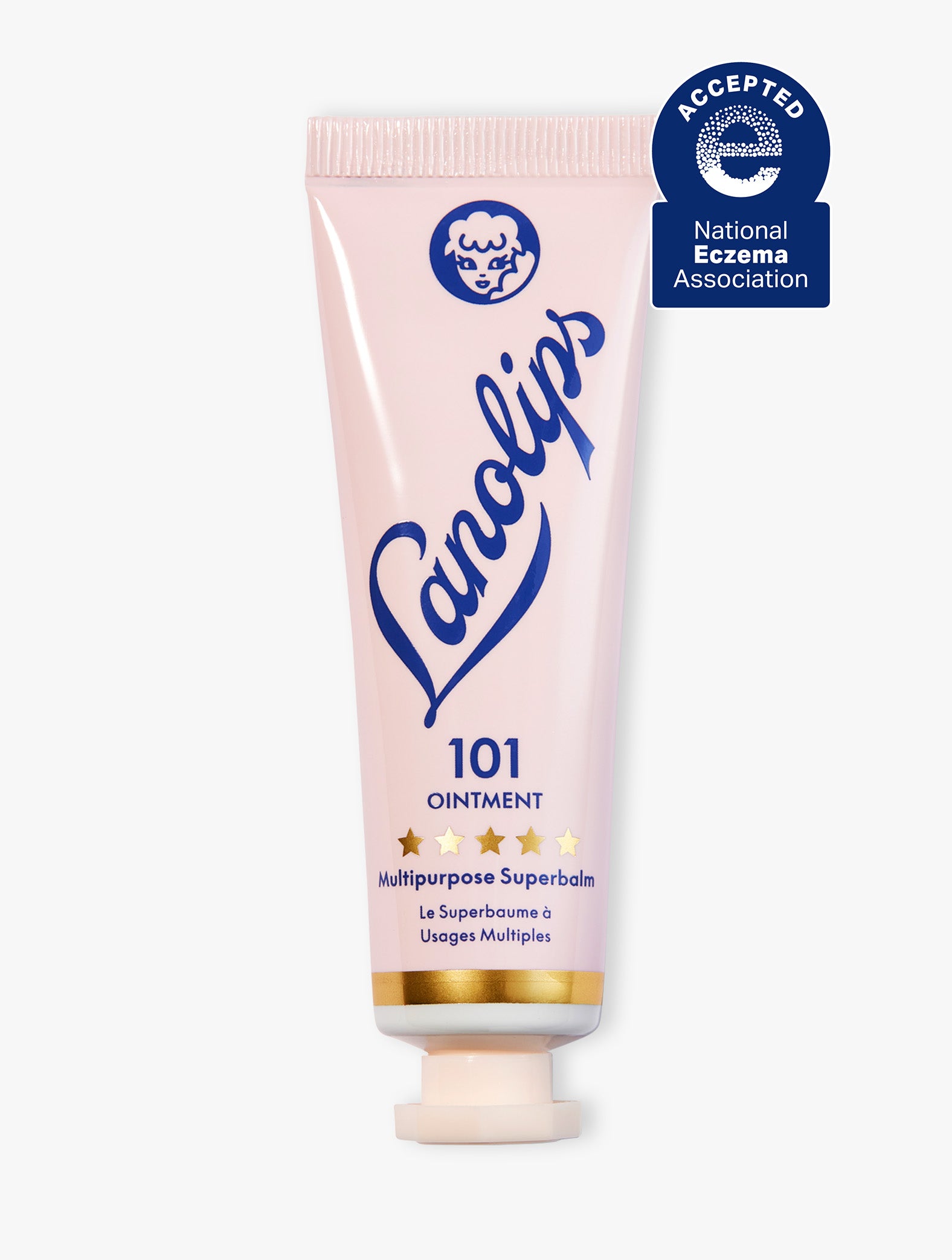 Product shot of the Lanolips 101 Ointment Multipurpose Superbalm 15g, featuring the closed tube. 101 Ointment contains ultra-pure grade lanolin, this super-dense balm penetrates & help seal in moisture. It gives the most intense hydration for dry & chapped lips, skin patches, cuticles, elbows & more. The 101 Ointment Multipurpose Superbalm is also approved by the National Eczema Association. 