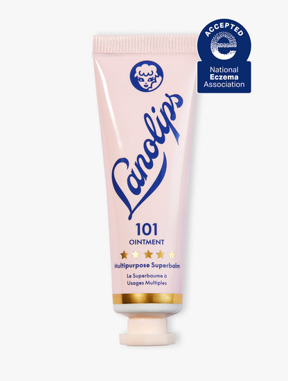 Product shot of the Lanolips 101 Ointment Multipurpose Superbalm 15g, featuring the closed tube. 101 Ointment contains ultra-pure grade lanolin, this super-dense balm penetrates & help seal in moisture. It gives the most intense hydration for dry & chapped lips, skin patches, cuticles, elbows & more. The 101 Ointment Multipurpose Superbalm is also approved by the National Eczema Association. 