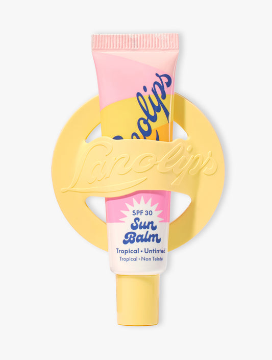 Product shot of the Sun balm SPF 30 tube with yellow phone lip balm holder on a white background.