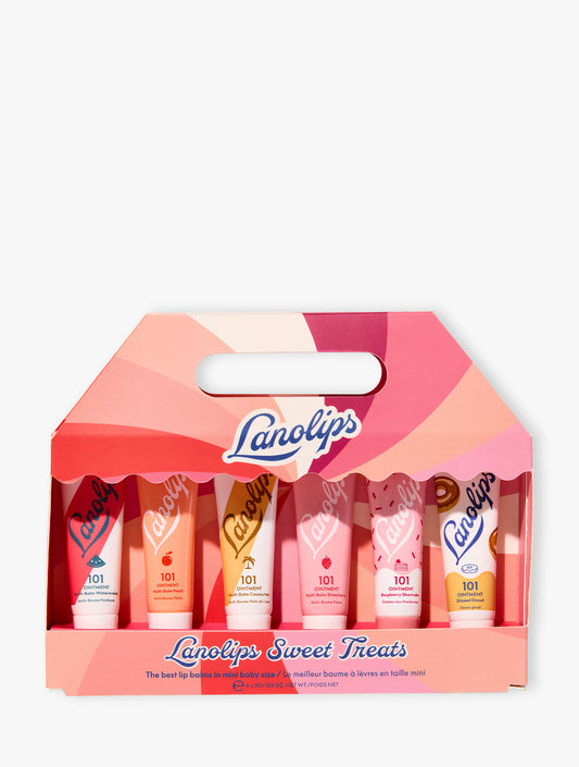 Product shot of the limited edition Lanolips Sweet Treats Lip Balm Set in pink packaging, displayed on a white background. This gift set features six 3g mini lip balms of our best-selling 101 Ointment flavours: Watermelon, Peach, Coconutter, Strawberry, Raspberry Shortcake, and Glazed Donut - perfect for travel, gifting, or trying all your favorites.
