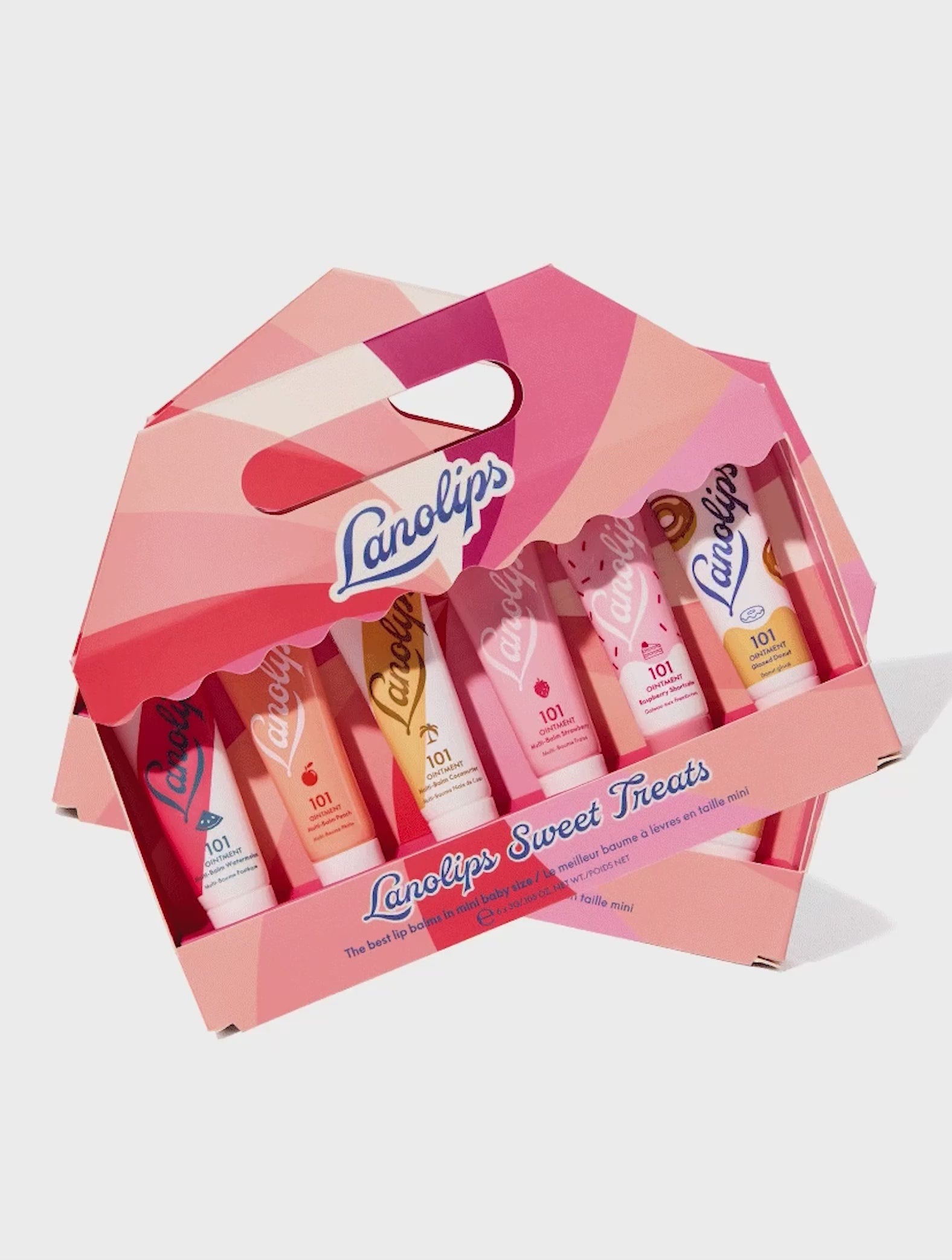 Lanolips Sweet Treats is a limited edition holiday set containing our best selling 101 Ointment flavored range, including Watermelon, Peach, Coconutter, Strawberry, Raspberry Shortcake and Glazed Donut.