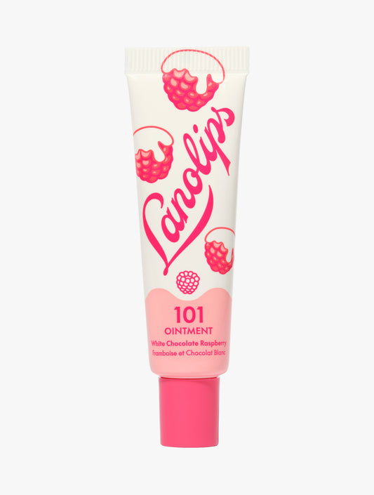Product shot of the Lanolips 101 Ointment Multi-Balm White Chocolate Raspberry. Made with hydrating lanolin, vitamin e and all-natural flavours for the sweetest treat on your lips