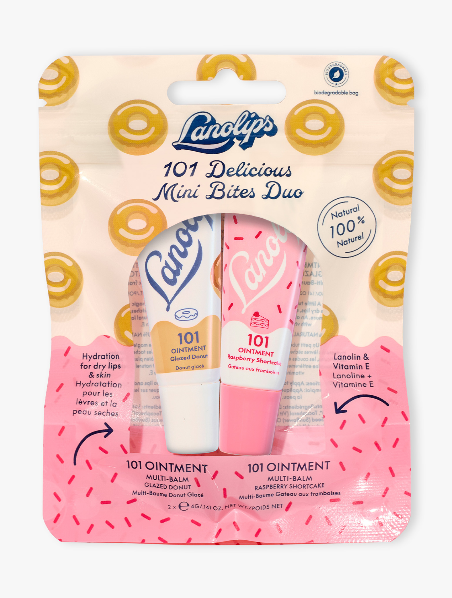 Lanolips 101 Delicious Mini Bites Duo comes in two delicious flavors- Glazed Donut and Raspberry Shortcake. Made rich lanolin, vitamin E and natural flavors for the sweetest swipe on your lips. 