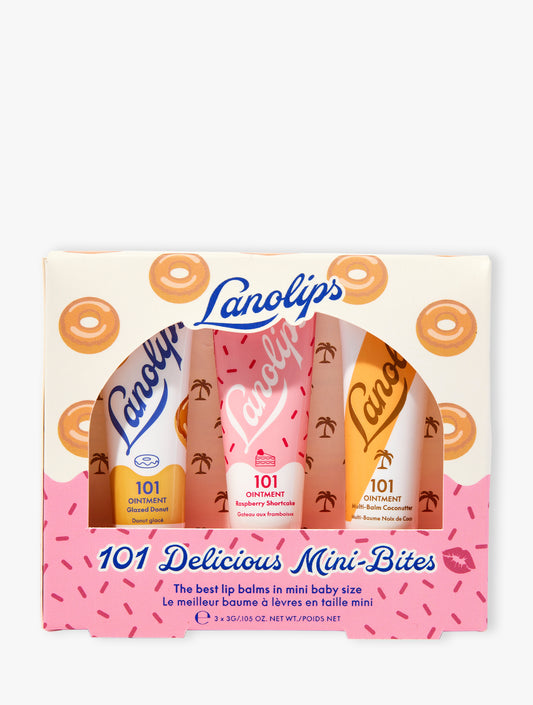 Lanolips 101 Delicious Mini-Bites lip balm set packaging on a white background. Made with rich lanolin, vitamin E and natural flavors to nourish dry lips.

