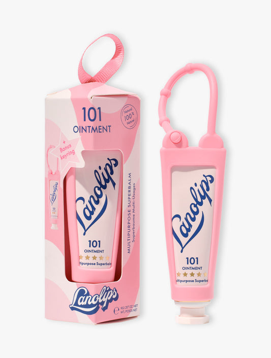 Product shot of the Lanolips Original 101 Ointment 9g Bauble and key ring. Made with 100% ultra-pure grade lanolin and is called The World's Best Lip Balm. 