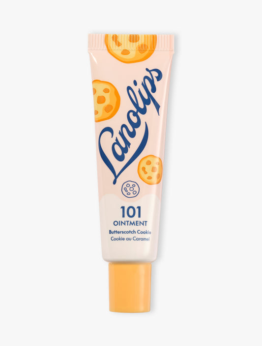 Product shot of the Lanolips 101 Ointment Multi-Balm Butterscotch Cookie. Part of the 101 Delicious collection, it's made with rich lanolin, vitamin E and all-natural flavours to nourish dry lips