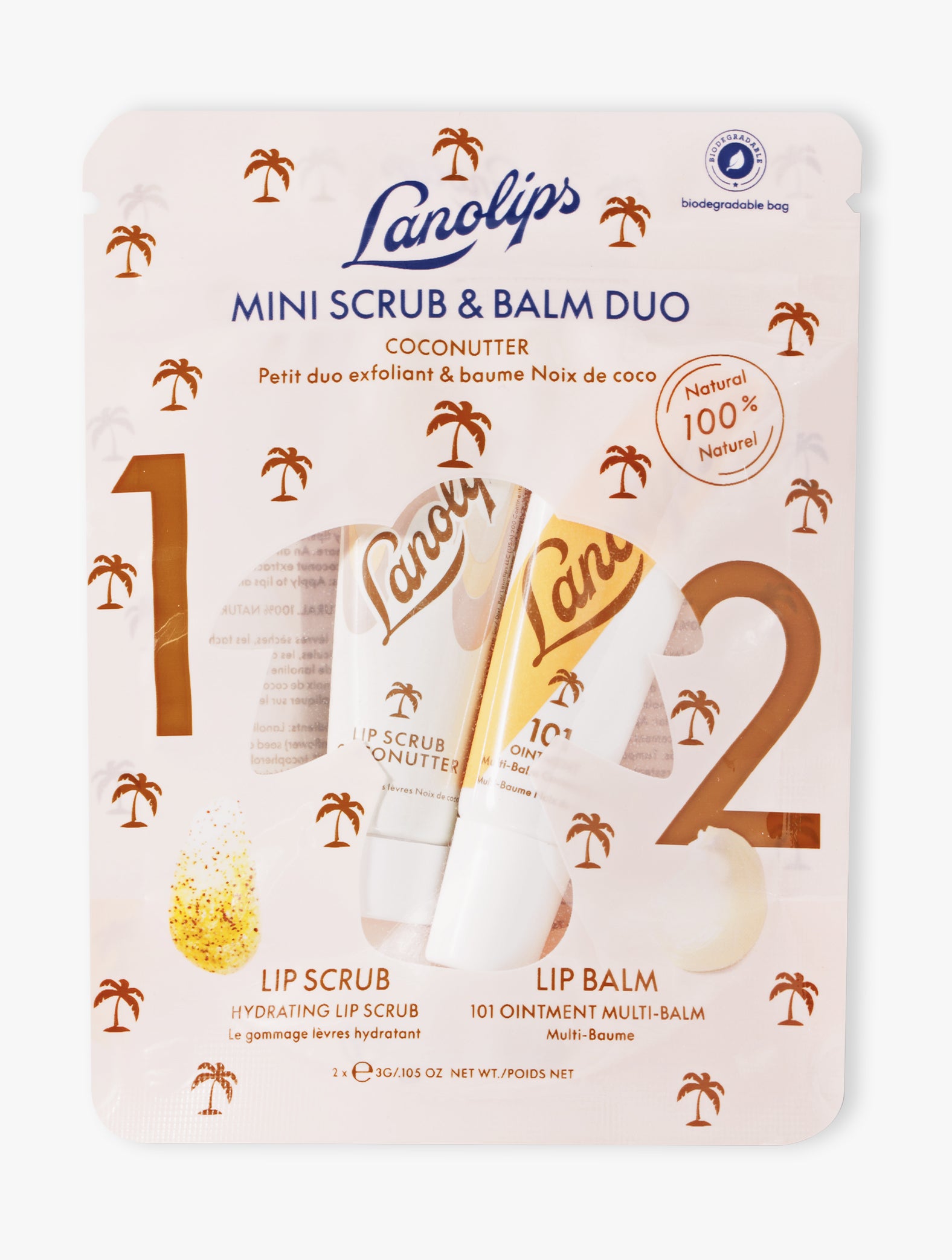 Product shot of the Lanolips Mini Scrub & Balm Duo in Coconutter. Contains our bestselling 101 Ointment Multi Balm Coconutter and Lip Scrub Coconutter. 