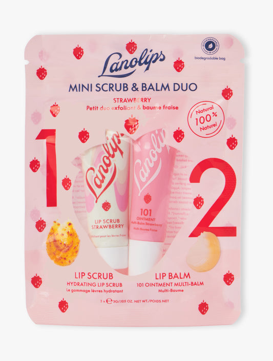 Product shot of the Lanolips Mini Scrub & Balm Duo in Strawberry. Contains our bestselling 101 Ointment Multi Balm Strawberry and Lip Scrub Strawberry. 