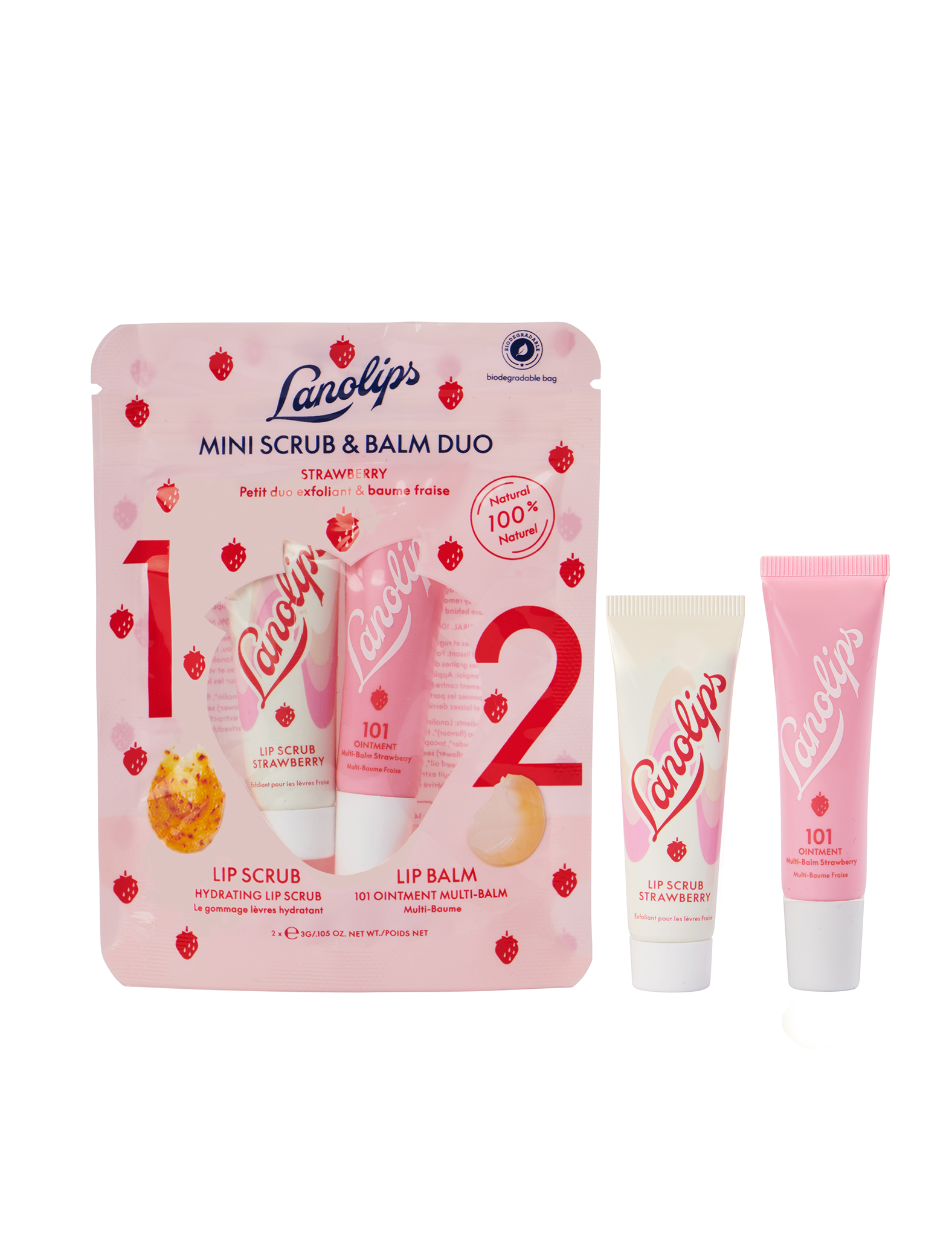 Lanolips Mini Scrub & Balm Duo in Strawberry comes in  Lip Scrub Strawberry 3g and 101 Ointment Multi Balm Strawberry 3g. 