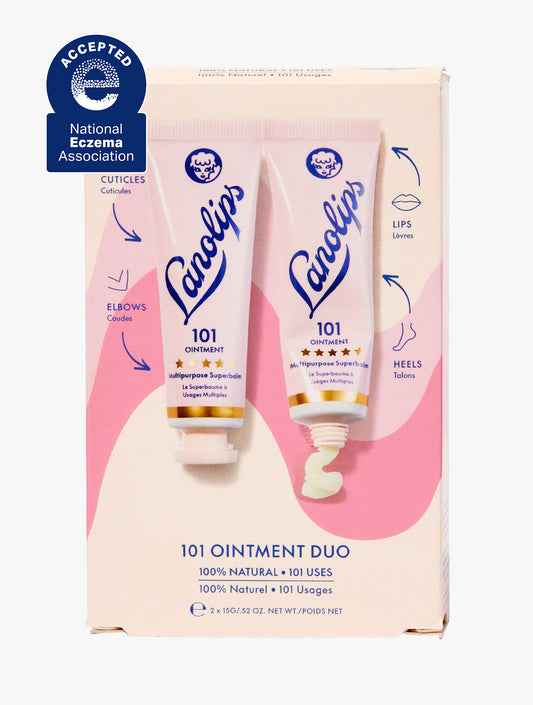 Product shot of the Lanolips 101 Ointment Duo packaging on a white background.
Our 101 Ointment Multipurpose Superbalm has been awarded the National Eczema Association Seal of Acceptance™ by the National Eczema Association (NEA).