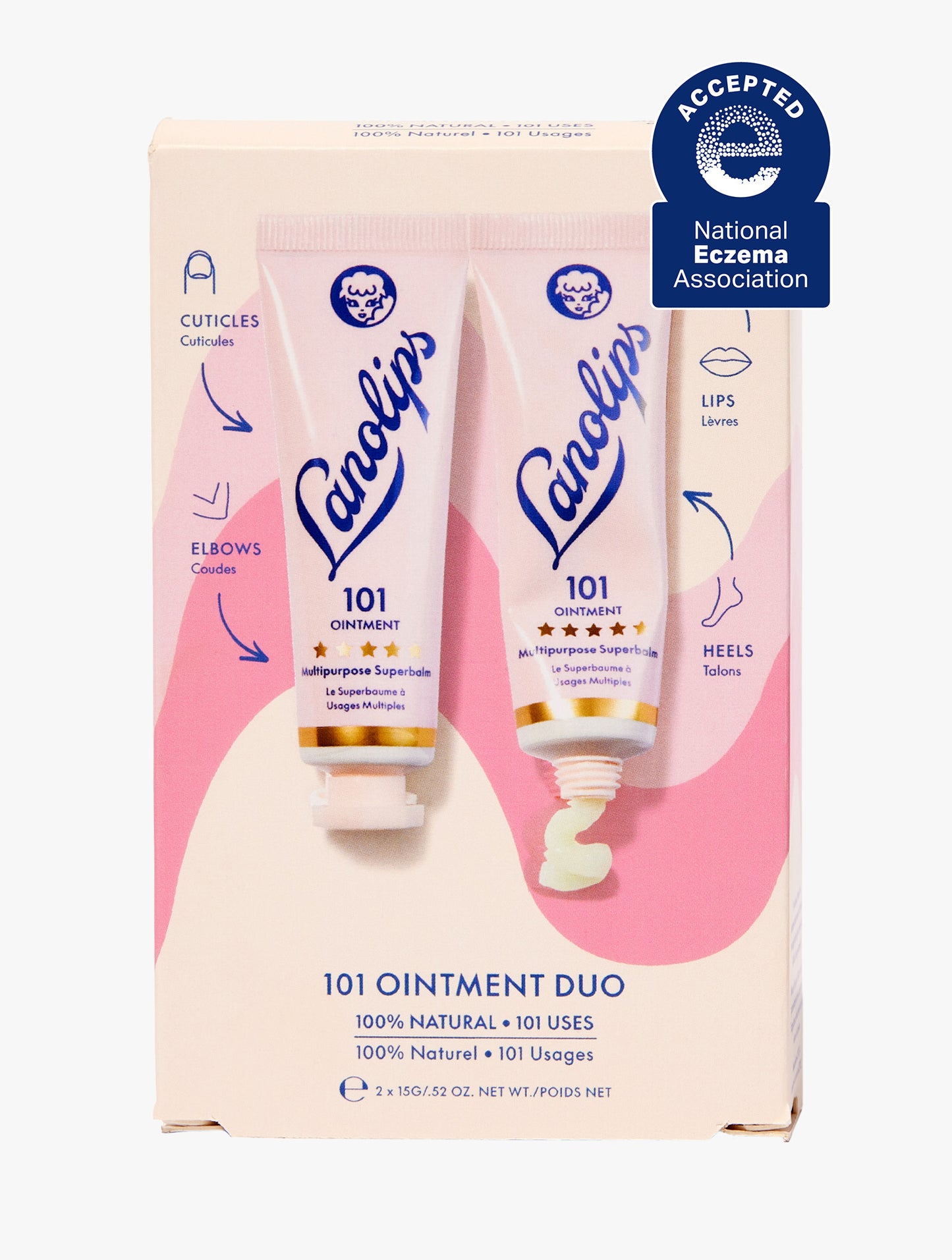 Product shot of the Lanolips 101 Ointment Duo packaging on a white background.
Our 101 Ointment Multipurpose Superbalm has been awarded the National Eczema Association Seal of Acceptance™ by the National Eczema Association (NEA).