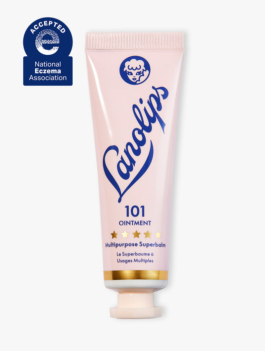 Product shot of the Lanolips 101 Ointment Multipurpose Superbalm 15g, featuring the closed tube. 101 Ointment contains ultra-pure grade lanolin, this super-dense balm penetrates & help seal in moisture. It gives the most intense hydration for dry & chapped lips, skin patches, cuticles, elbows & more. The 101 Ointment Multipurpose Superbalm is also approved by the National Eczema Association. 