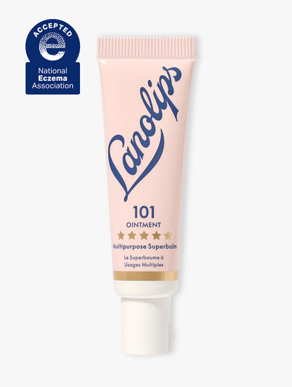 Product shot of the Lanolips Original 101 Ointment Multipurpose Superbalm on a white background. The World's Best Lip Balm, dermatologically tested, 100% natural ultra-pure grade lanolin for lips, skin, cuticles and more. The 101 Ointment Multipurpose Superbalm has also been awarded the National Eczema Association Seal of Acceptance™ by the National Eczema Association (NEA)