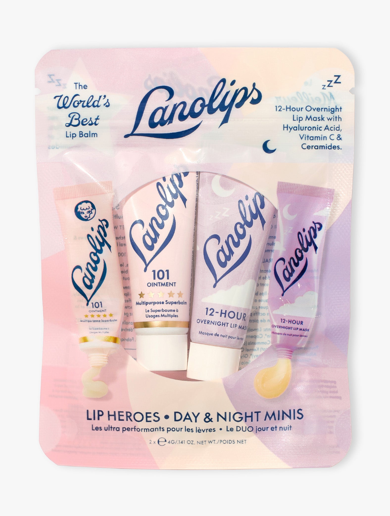 Product shot of our Lanolips Lip Heroes Day & Night Minis - containing our bestselling Original 101 Ointment Multipurpose Superbalm and 12 Hour Overnight Lip Mask in mini form to have better lips by morning. 