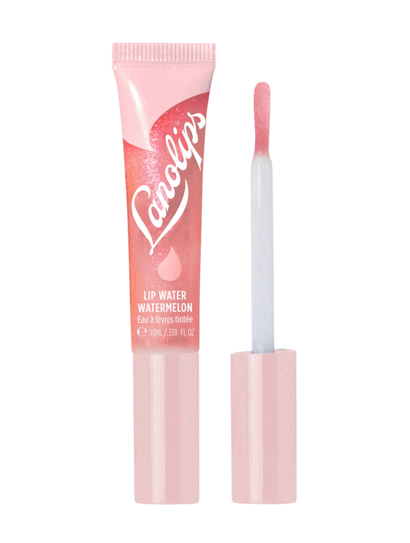 Lanolips Lip Water Watemelon with the applicator on the side of the tube. Product is placed against a white background. 
