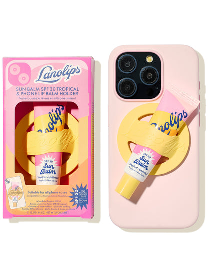 Lanolips Sun Balm SPF 30 Tropical with yellow phone holder shown in packaging and attached to a pink phone case.